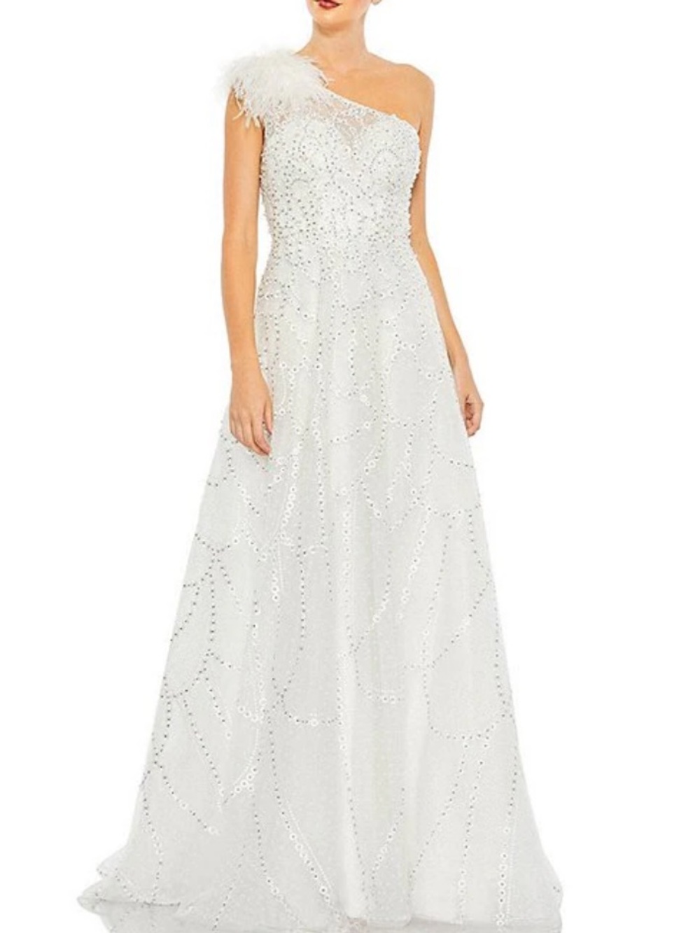 Mac Duggal Embellished Asymmetrical Neck Sleeveless Feather Shoulder A-Line Gown